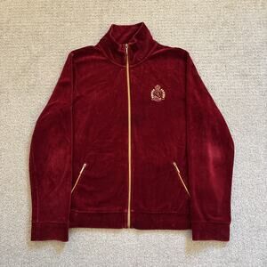 Lauren Ralph Lauren Womens XL Velour Red Track Suit Jacket Gold Crest & Zip VTG